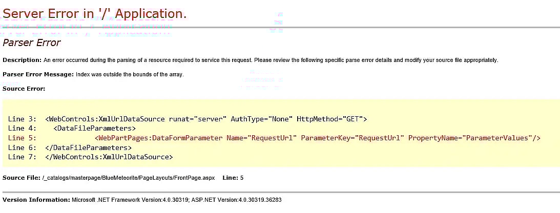 Cover image for "Server Error in '/' Application" or "Parser Error" - it's actually a malformed web.config killing your ASP.NET-application or SharePoint