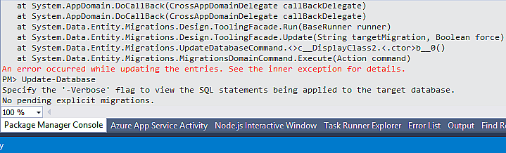 Cover image for Fixing "An error occurred while updating the entries" while running code-first migrations in MVC 5 app