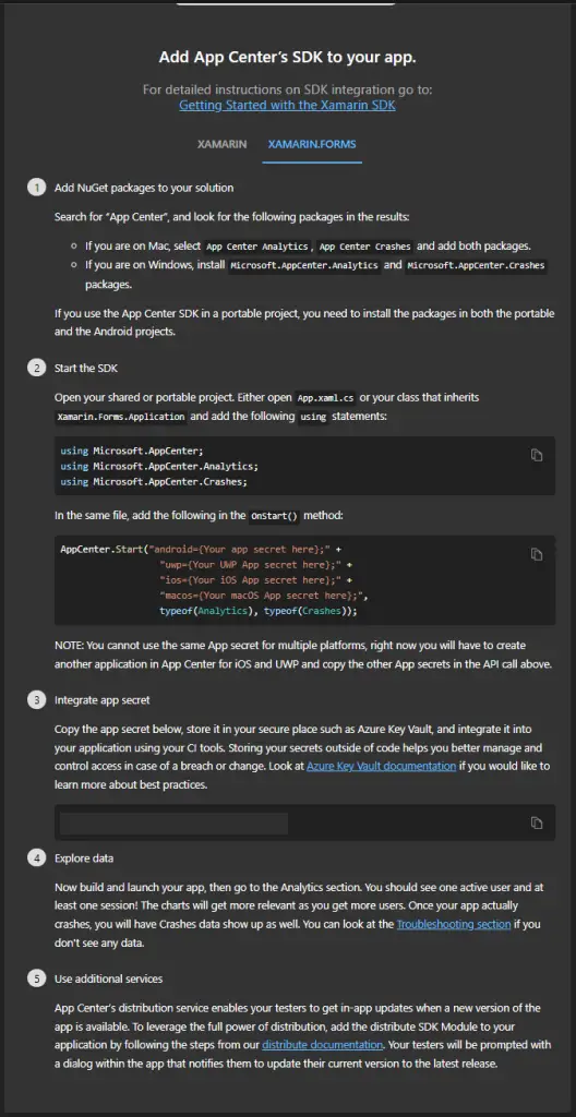 App Center SDK configuration