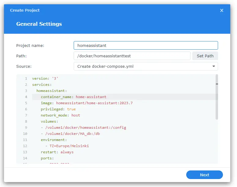 Creating a new docker-compose.yml file directly in the browser in Synology NAS's Container Manager.