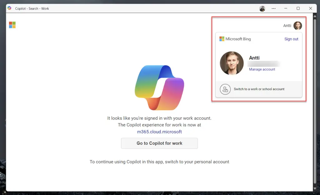 Copilot showing the personal account