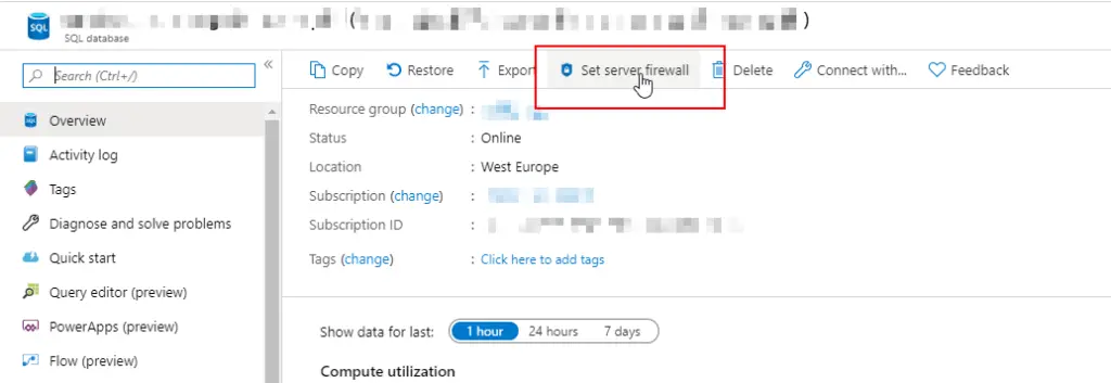 Accesing database firewall settings via Azure Management Portal.