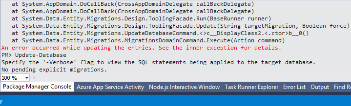 Cover image for Fixing "An error occurred while updating the entries" while running code-first migrations in MVC 5 app
