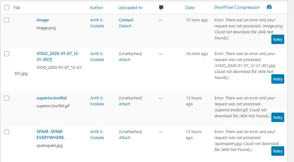 WordPress Media Library with a lot of broken thumbnails. I've got the additional errors - "Error: There was an error and your request was not processed - could not download file, 404 not found" because I had ShortPixel image compression enabled.