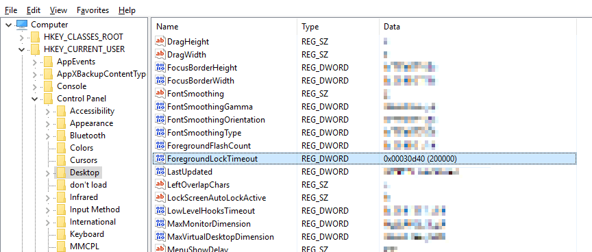 Regedit before changes stopping Outlook from stealing focus