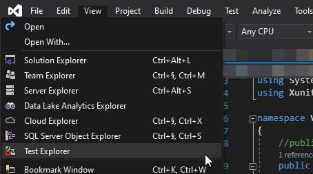 Using View-menu in Visual Studio's top navigation to access Test Explorer.