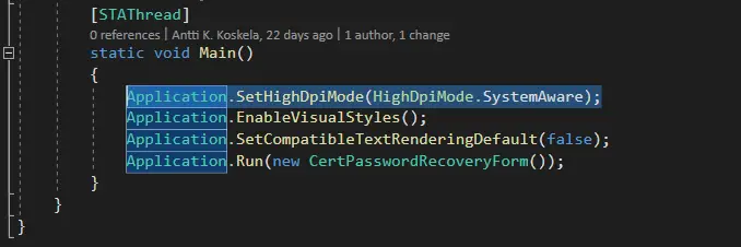 Automatically generated Program.cs -file had one additional line compared to over 10 years old code :)