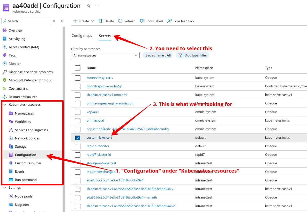 Our new secret for the custom certificate in AKS