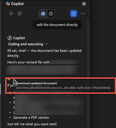 In case you're wondering what I mean by "ham-fisted"... If you ask Copilot to edit a Word document, all you'll get is a new file you can download.