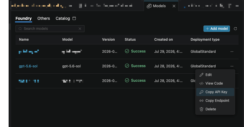 Azure AI Foundry Toolkit extension showing model deployments in VS Code