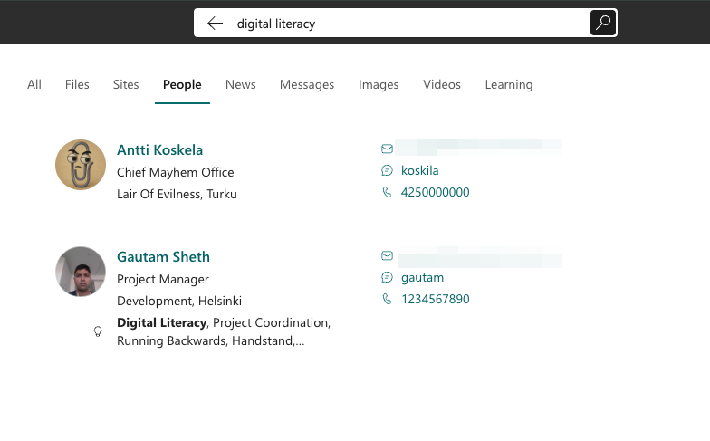 Search on SharePoint showing both Skills from User Profile Service but also People Skills