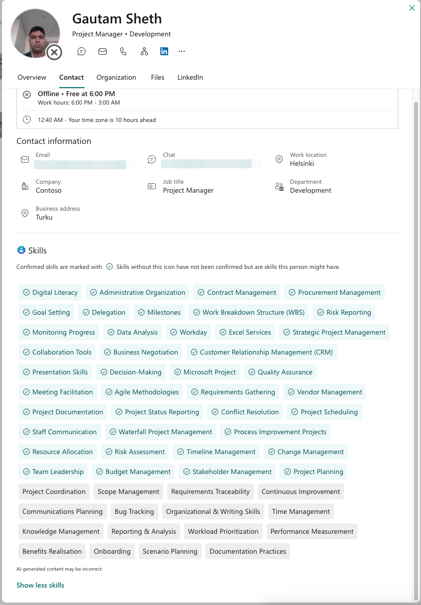 Microsoft 365 profile cards show both confirmed AND unconfirmed skills
