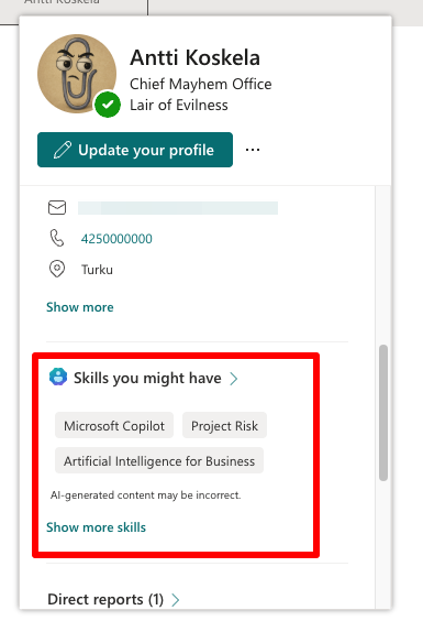 People Skills profile card in M365