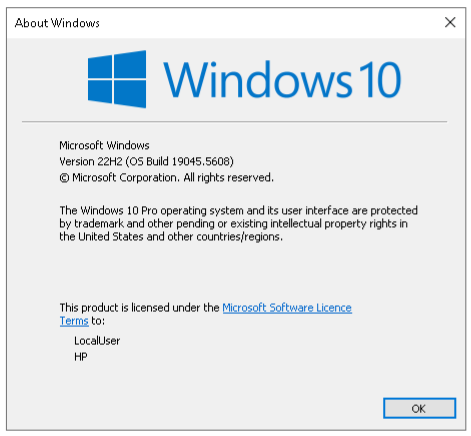 winver.exe in Windows 10 showing 22H2