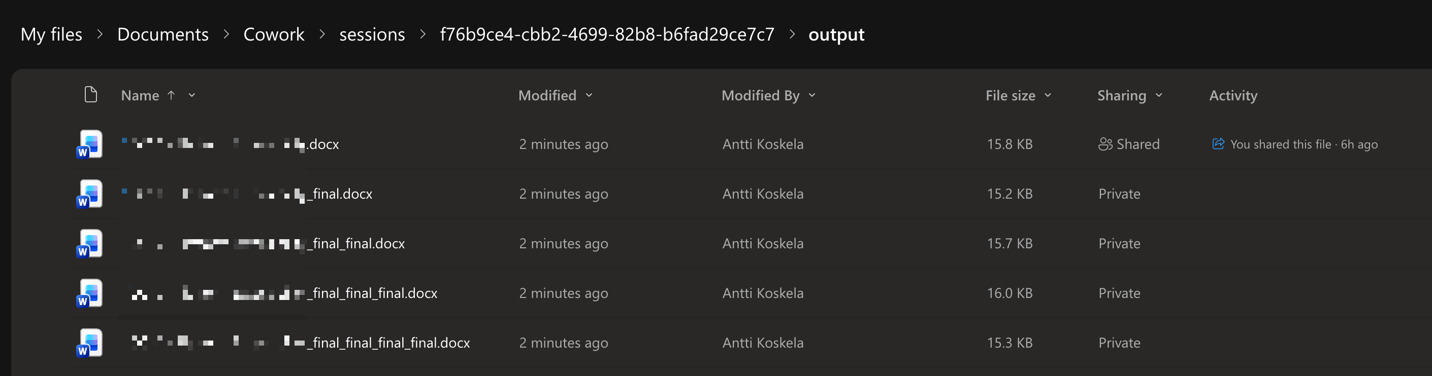 OneDrive CoWork output folder listing multiple filename variants ending in _final
