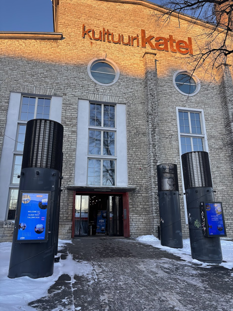 Welcome sign at Kultuurikatel venue for Cloud Tech Tallinn 2026 conference