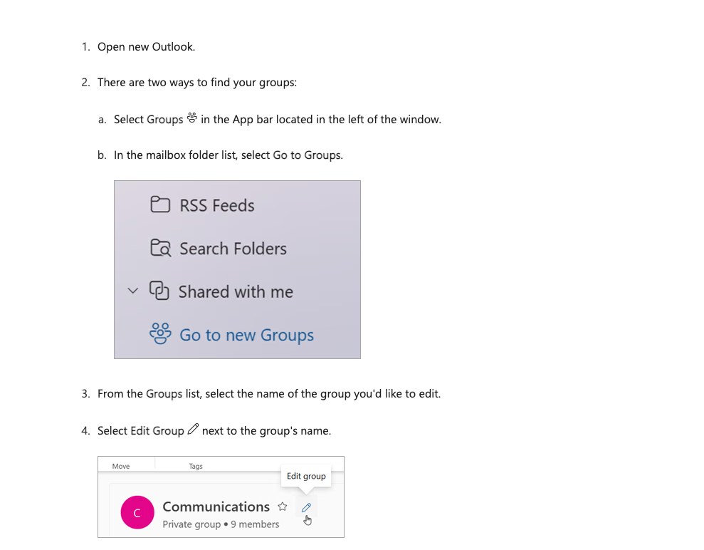 Microsoft documentation screenshot showing group editing options