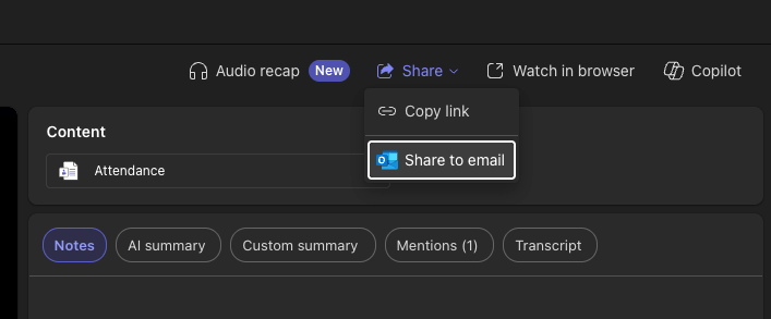 Meeting recap sharing dropdown with options that don't actually share the recording