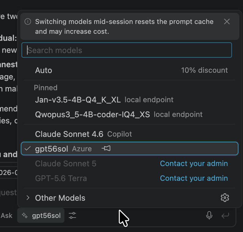 GitHub Copilot Chat model selector in VS Code