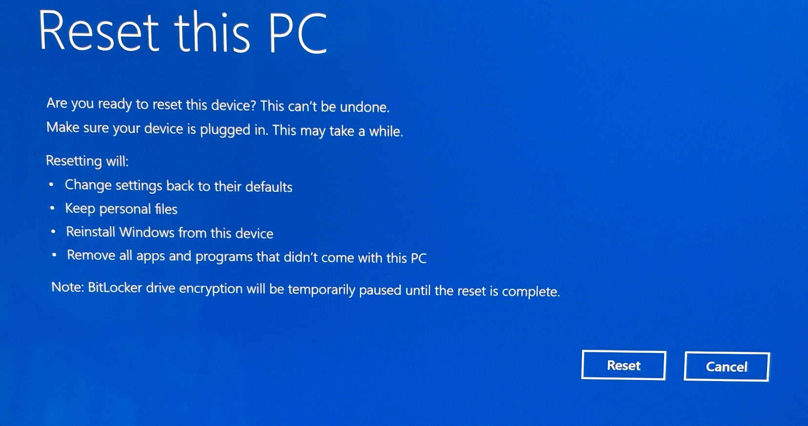 Reset this PC option in Windows