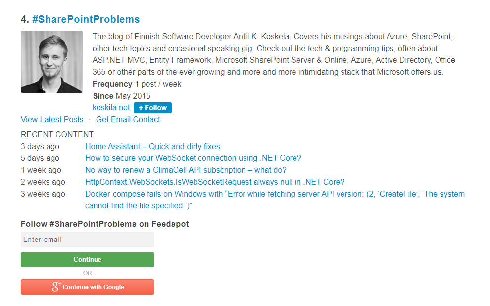 FeedSpot Top 4 SharePoint Blog badge