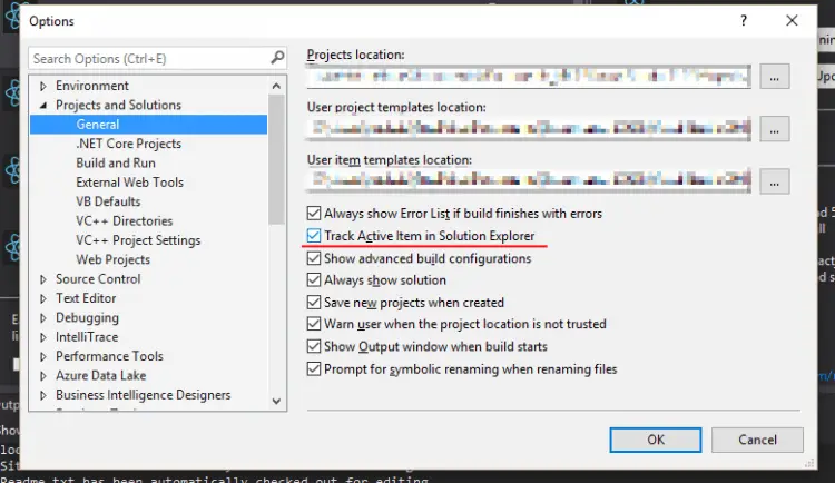 Visual Studio settings for "Track my active file in Solution Explorer" - a really useful setting to have enabled, if you ask me!
