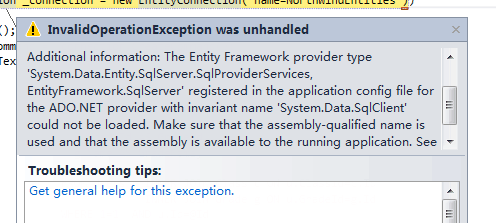 No Entity Framework provider found for the ADO.NET provider with invariant name 'System.Data.SqlClient'