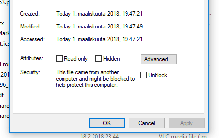 Unblocking a file in the properties window