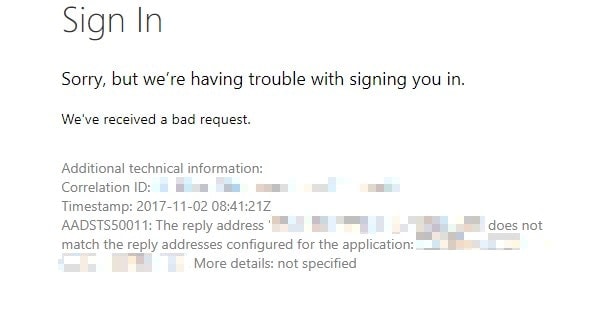 AADSTS50011: The reply address ... does not match the reply addresses configured for the application.