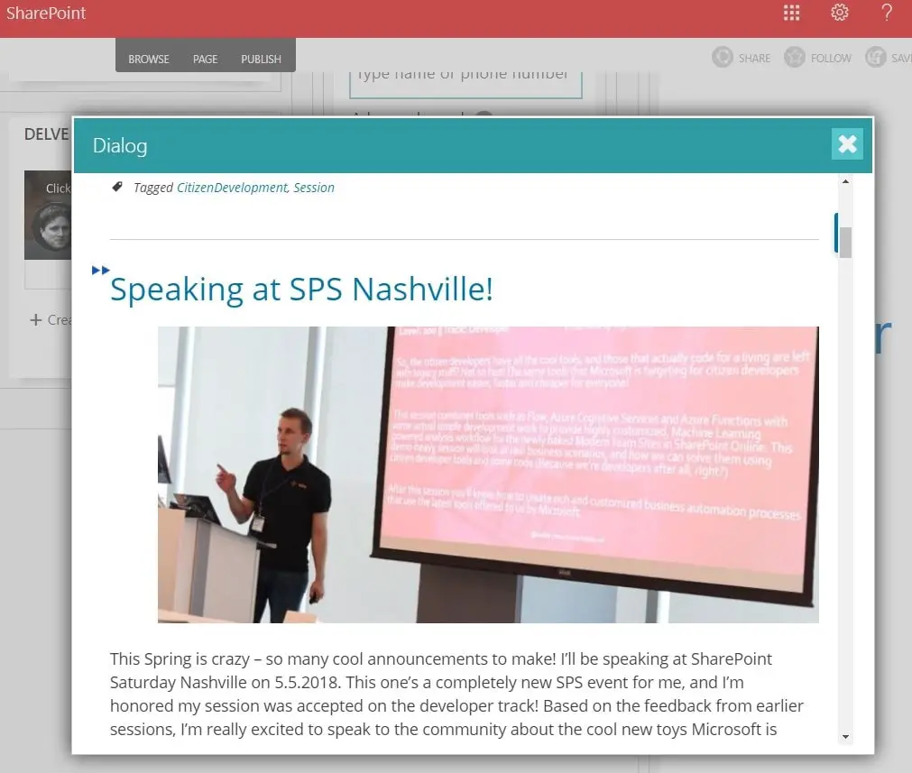 Showing a page from my blog in a pop-up on a Classic SharePoint site