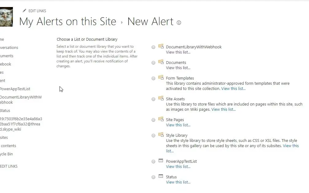 How to create a new Alert in SharePoint - first you select the list