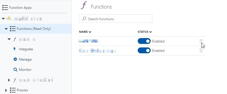 List of functions in an Azure Functions App... It's in read-only, so can't remove them.