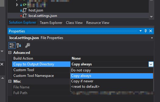 Setting your local.settings.json and host.json to be always copied to output directory in your local builds to enable Azure Functions CLI to acces newest values of your configuration