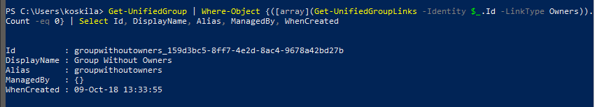 This magic command shows only the Office 365 Groups without Owners. In this case, there's just one, and it's properties are shown nicely.