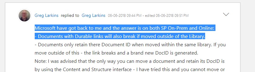 Microsoft got back to Greg Larkins and the answer is on both SP On-Prem and Online:  Documents with Durable links will also break if moved outside of the Library.