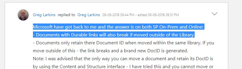 Microsoft got back to Greg Larkins and the answer is on both SP On-Prem and Online: Documents with Durable links will also break if moved outside of the Library.