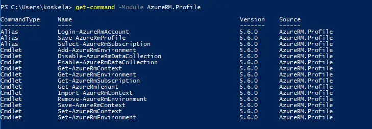 Get-Command -Module AzureRM.Profile. You're seeing it correctly - it doesn't have a Logout-AzureRmAccount, Disconnect-AzureRmAccount, Remove-AzureRmAccount or even Remove-AzureRmContext commandlets! That's a lot of fun :)