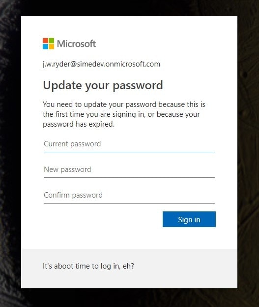 Azure AD's prompt for changing an expired password in Office 365