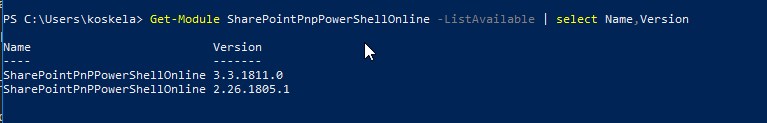 Output of the PowerShell commandlet "Get-Module SharePointPnpPowerShellOnline -ListAvailable | select Name,Version" on my machine. I had a couple of different SharePointPnPPowerShellOnline commandlets installed!