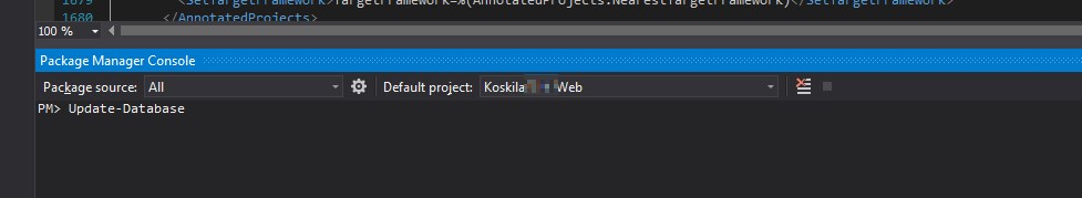 Running Update-Database in the terminal for an ASP.NET MVC Core project with Entity Framework Core.