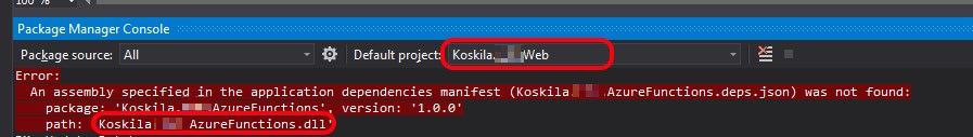 The Update-Database command ran into an error: "An assembly specified in the application dependencies manifest [projectname].deps.json was not found."