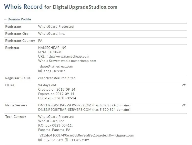 Whois record for digitalupgradestudios.com (you can check it out yourself at http://whois.domaintools.com/digitalupgradestudios.com)