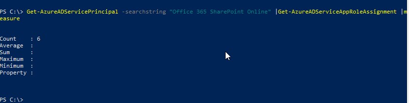 App Role Assignments from the fetched AzureAD Service Principals piped to "measure" -/> outputs count of the principals. And all on one line :)