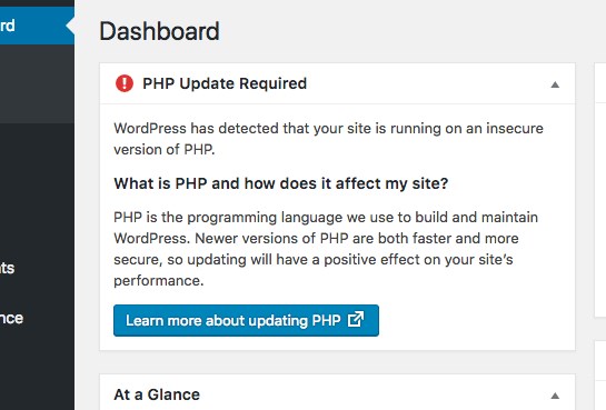 WordPress 5.1 now bugs you to update your PHP version if you're running and old and insecure version.