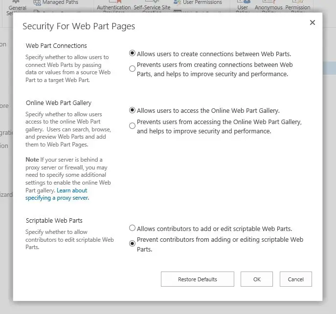 SharePoint Server has this "Security For Web Part Pages" dialog for Web Applications - it's used to set the similar "Custom Scripting" options, as on SharePoint Online.