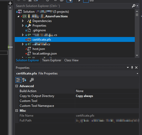 My certificate file (certificate.pfx) for development shown in Visual Studio's solution explorer.