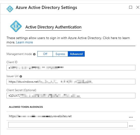 Azure App Service or Function App Authentication settings for Azure Active Directory