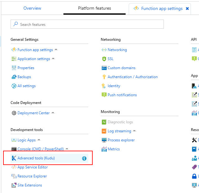 How to find the Kudu console from the Platform Settings for your Azure Function App.
