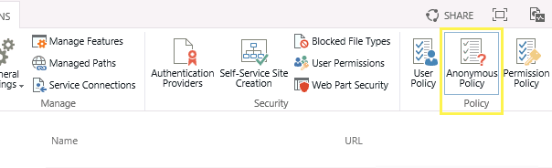 Anonymous Access in SharePoint Server's Central Administration's Web Application management view.