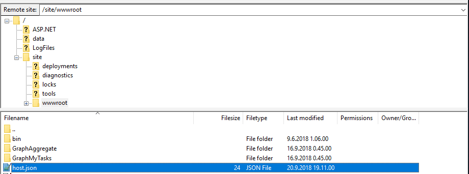 host.json file location in Azure Functions app using ftp.